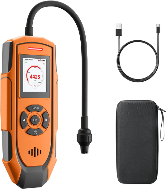 TopTes PT-990 Oplaadbare gaslekdetector met 28 cm flexibele sonde, detectiebereik 0-10.000 ppm, gegevensregistratie en 3 alarmsoorten, gasmelder voor propaan, methaan voor industrie, oranje