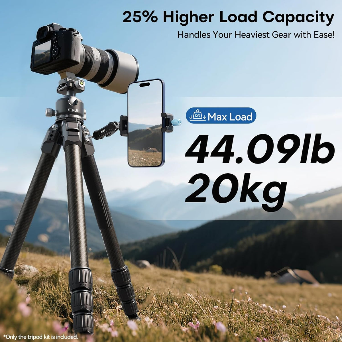 SIRUI Professioneel koolstofvezelstatief met 43 mm kogelkop met laag profiel, max. 50 inch hoogte, 20 kg belasting - ultra stabiel voor DSLR, spiegelloze, camera (AM-284S+G1)