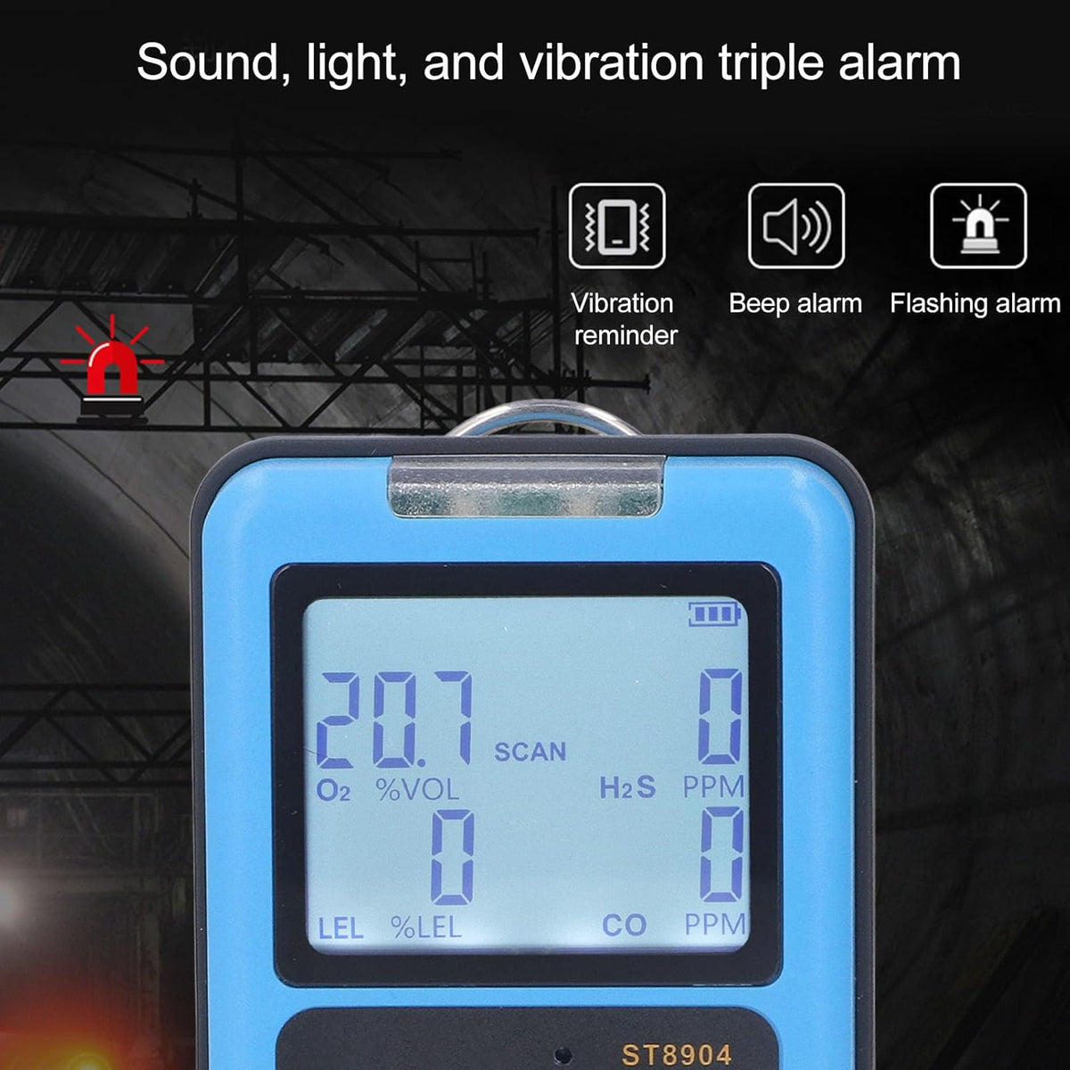 4 in 1 Gasmonitor, CO H2S O2 LEL Veelvoudige Indicator Geluidslicht, Trilling, Alarm Gaslekdetector met Achtergrondverlichting Handheld Gasdetector voor Thuis Chemisch Laboratorium