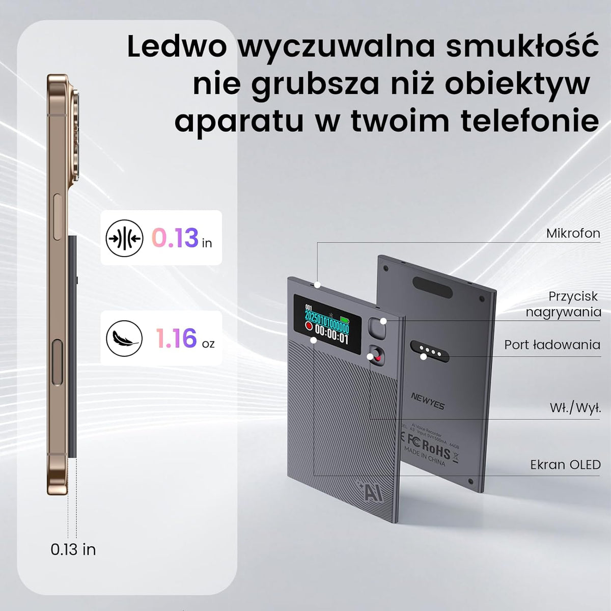 NEWYES Ailog KI Digitaal dicteerapparaat met speciale app, transcriberen en samenvatten, vertaling in meer dan 188 talen, 64 GB geheugen voor vergaderingen, lezingen, oproepen, zaken, onderwijs