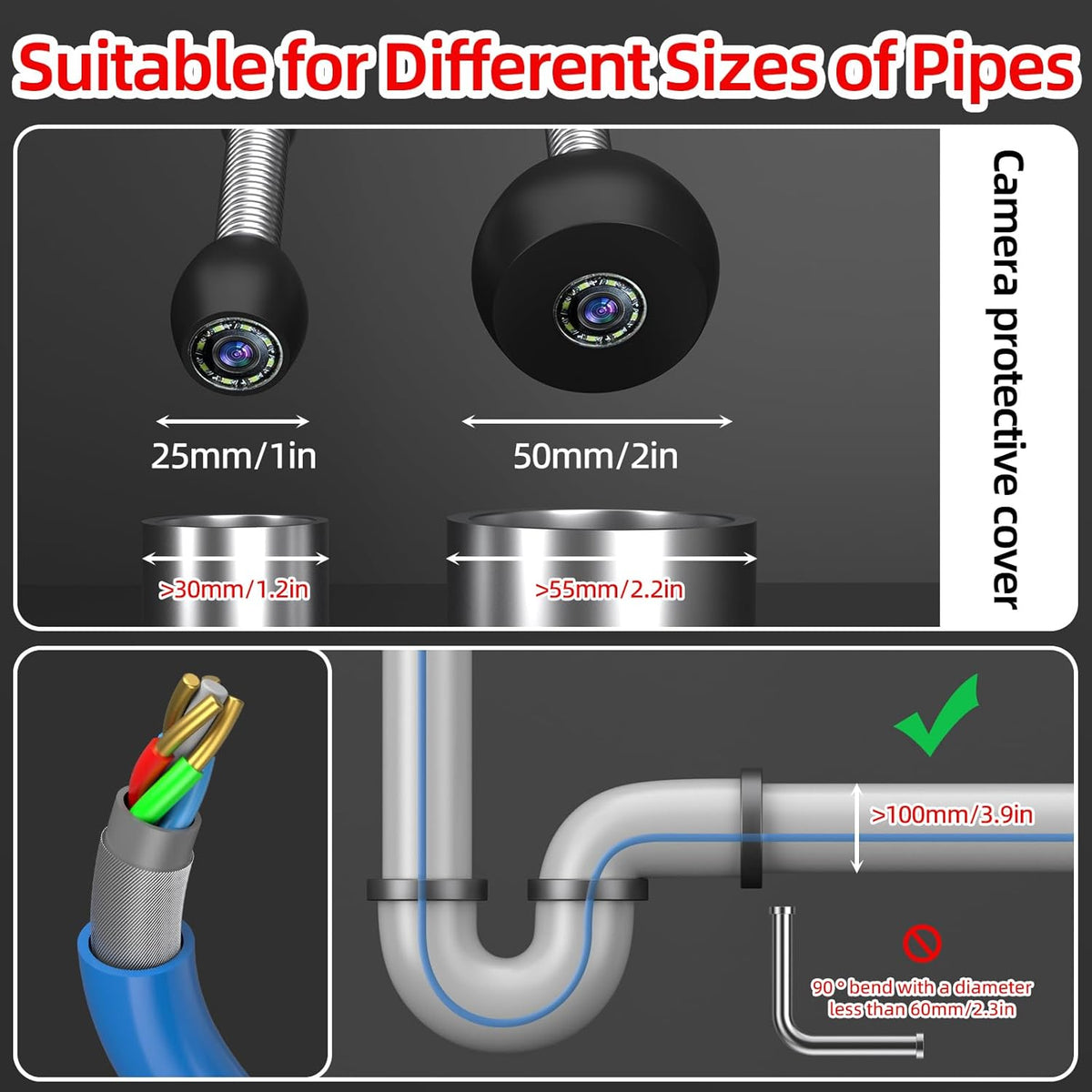 Sanyipace Endoscoopcamera met DVR-recorder, industriële buiscamera, kanaalcamera, waterdicht IP68, met meterteller, 30 m