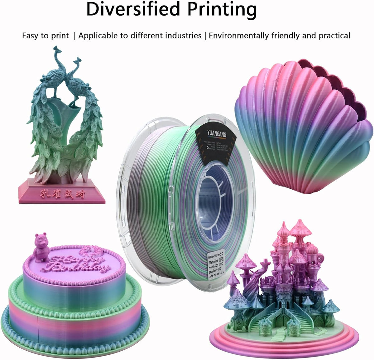 Silk Rainbow PLA 3D-printerfilament, 10 kg, 1,75 mm snelle kleurverandering 3D-printmateriaal, veelkleurig PLA 10 kg spoel, gradiënt filamentbundel voor de meeste FDM 3D-printers
