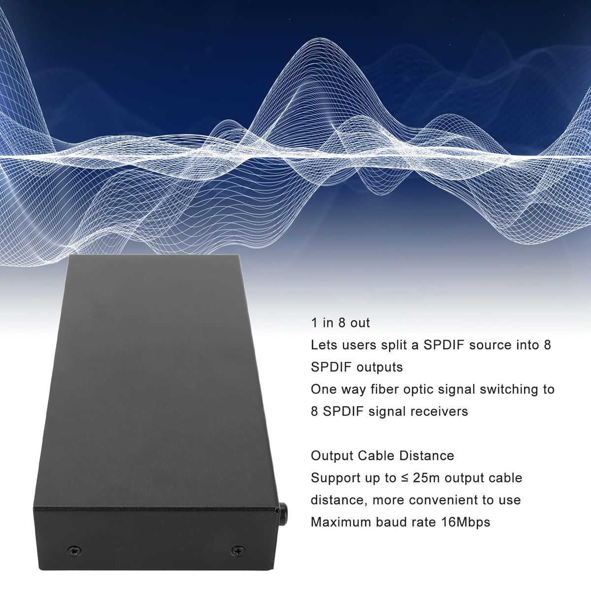 FT18 Digitale Optische Splitter 1 in 8 uit, SPDIF Toslink Glasvezel Audiosplitter voor Cd-speler, Dvd-speler, Ontvanger, Ondersteuning LPCM2.0 DTS AC3, Plug (EU-stekker)