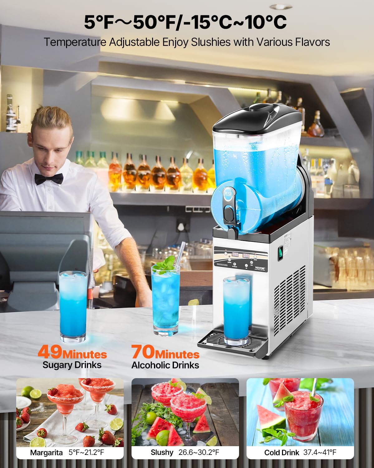 VEVOR Commerciële IJsdrankenmachine, 15 liter roestvrij staal, slush-mixer voor feestjes, restaurants, cafés, bars
