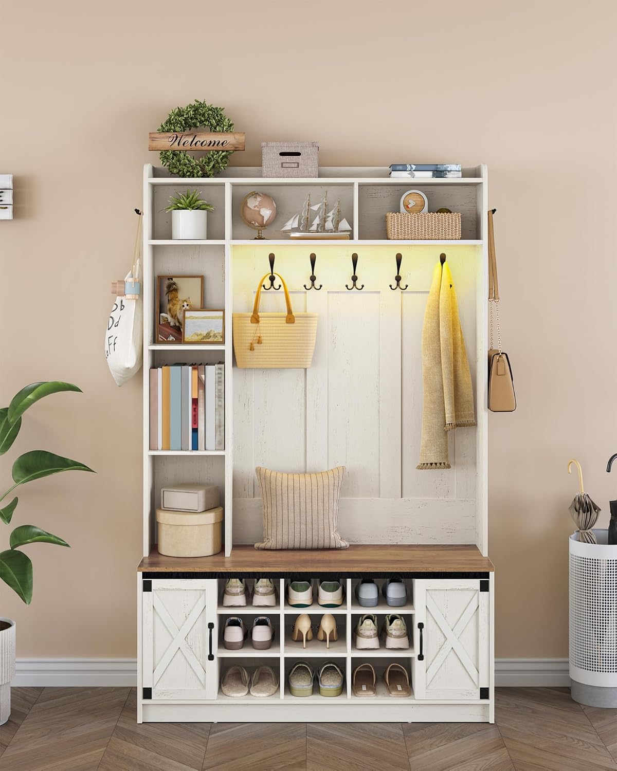 Hzuaneri Hallway tree, LED storage space and coat rack in wood, hall furniture with 7 hooks, hallway tree with bench and storage space, shoe bench with 6 storage compartments, rustic white HT24614XEU