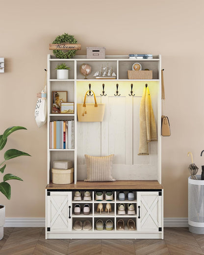 Hzuaneri Hallway tree, LED storage space and coat rack in wood, hall furniture with 7 hooks, hallway tree with bench and storage space, shoe bench with 6 storage compartments, rustic white HT24614XEU