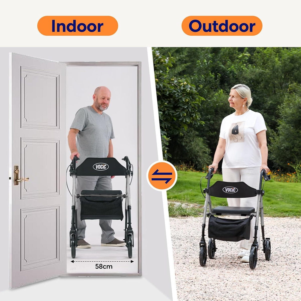 VOCIC Rollator, opvouwbaar en licht, met zitje, Rollators Smal voor woning, Rollatoren voor senioren Opvouwbaar met 20 cm banden voor alle terreinen, zitje en handvat in hoogte verstelbaar, zilveren