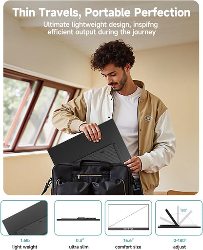 Portable Touchscreen, 15.6 inches, 1920 x 1080 FHD Portable Touch Screen 16:9, IPS, 178° Wide Angle, SRGB 80%, 60Hz, USB-C, Mini-HDMI, VESA, Two Speakers, Foldable Holder - QUORE