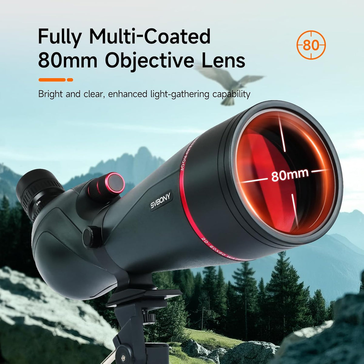 Svbony SV406 20-60x80mm Spotting Scope, HD FMC BAK4, Dubbele Focus, 1,25'' Verwijderbaar Oculair, IPX7 Waterdicht, met Statief, Draagtas, voor Vogels Kijken, Wildlife, Landschap