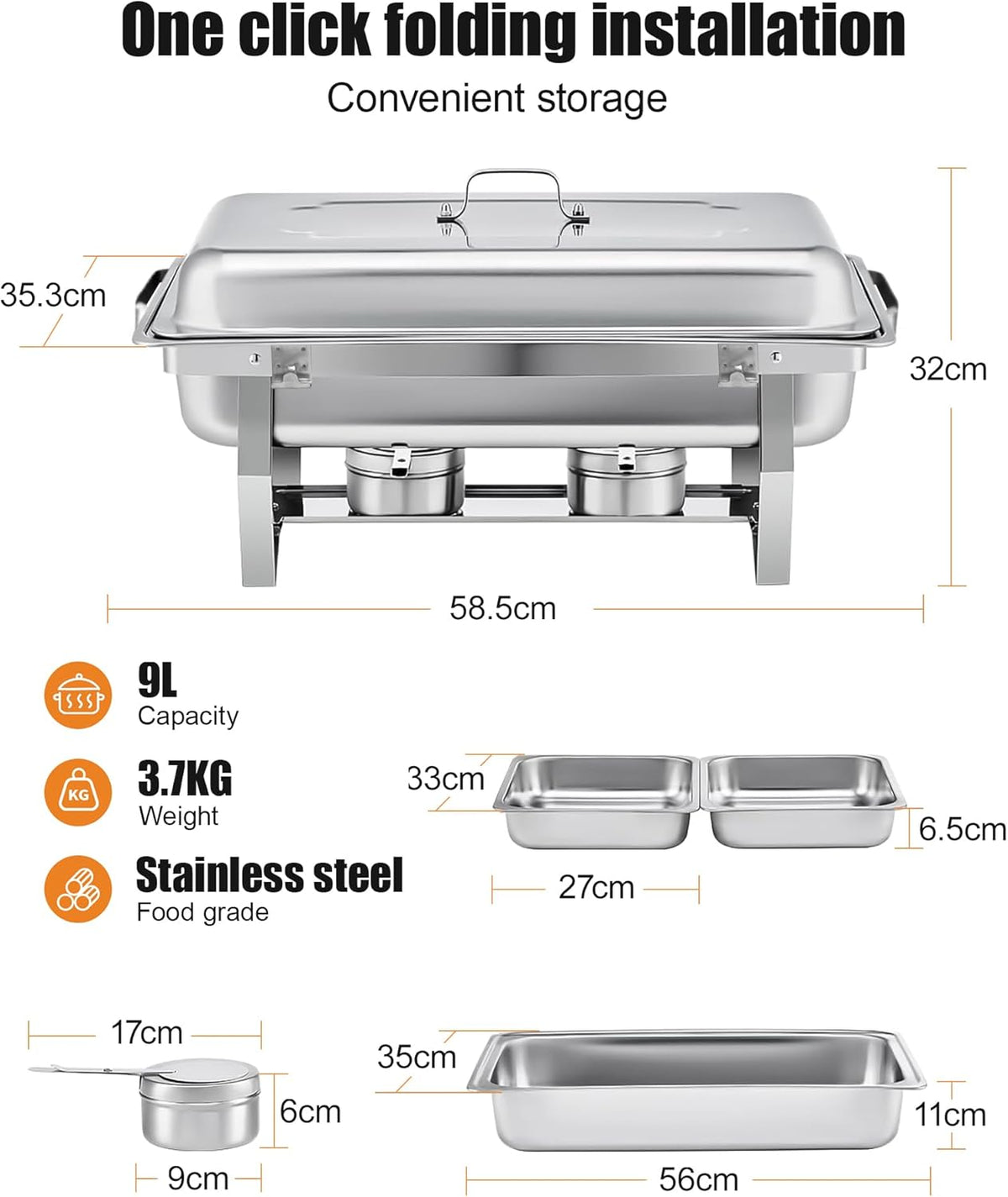 Chafing Dish Buffet Set 9L, Eenvoudig te Monteren, 2-Pack Voedselveilig RVS Warmhoudbakken, Opvouwbaar Frame [Veilig Afgerand Randontwerp], Voedselwarmer voor Catering Buffet en Elk Feest (1/2+1/1 GN)