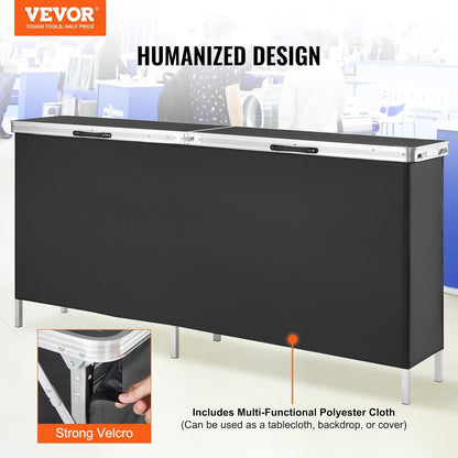 VEVOR Stand voor beurzen, woonkamer, 195 x 38,5 x 88 cm, extra lange en draagbare opvouwbare bartafel met draagtas, opbergrek en zwarte rok, voor feest, picknick, commerciële tentoonstelling