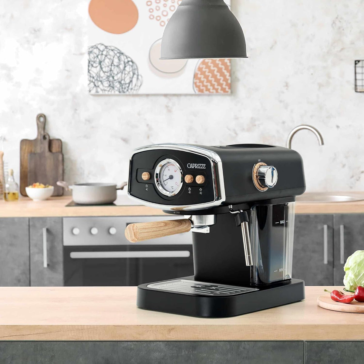 Kai Espressomachine, halfautomatisch, 1050 W, 15 bar, capaciteit voor 5 kopjes met stoompan, matzwart, met verwarmd bovenblad