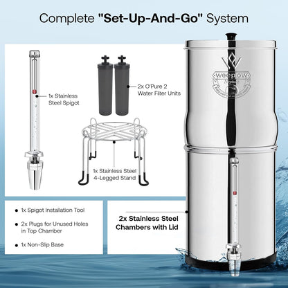 Weeplow Neptune - Système de Filtration d'Eau par Gravité 11 Litres AISI 304 avec 2 Eléments de Purification O'Pure 2, Robinet avec Niveau d'Eau et Support Inox Offert - QUORE