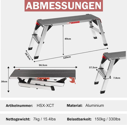 XinSunho Aluminium werkplatform, inklapbare trapladder tot 150 kg, vouwladder met veiligheidssloten, antislip treevlak, trapladder, Pro Work platform ladder voor huis en werkplaats