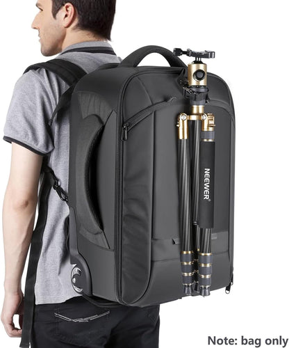 2-In-1 Camerarugzak met Wielen – Rolkoffer – Cameratas – Camera Trolley – Fototas – Zwart/Grijs – 11 Verstelbare Vakken – Laptopvak Tot 16 Inch