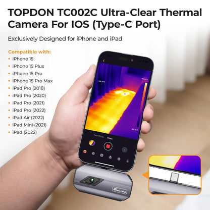 TOPDON TC002C-A Warmtebeeldcamera voor iPhone 15/16-serie en iPads, 512 x 384 TISR IR-resolutie, -20 °C tot +550 °C temperatuurbereik, 25 Hz, infraroodcamera met type C-aansluiting voor lekken