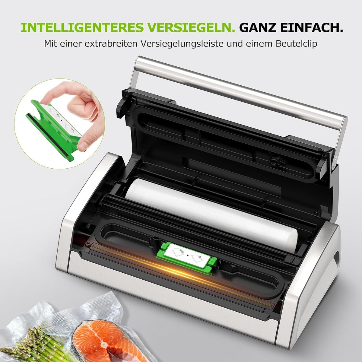 Bonsenkitchen Vacuümmachine, 15 l/min, met zakclip, greepvergrendeling en geïntegreerde snijder, voor vacuüm koken en bereiden van levensmiddelen, snelle afdichting met hoge prestaties, VS5100
