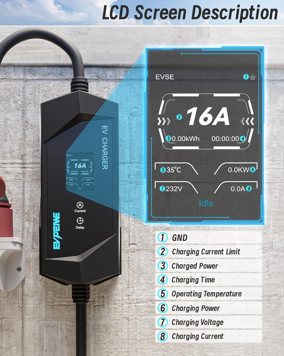 Elektrische autolader 11 kW [8 m | driefasig | 6-16 A | 380 V] type 2 CEE-stekker, EV-oplader, mobiel laadstation voor type 2 EVs, instelbare oplaadtijd [0-12 uur], IP65