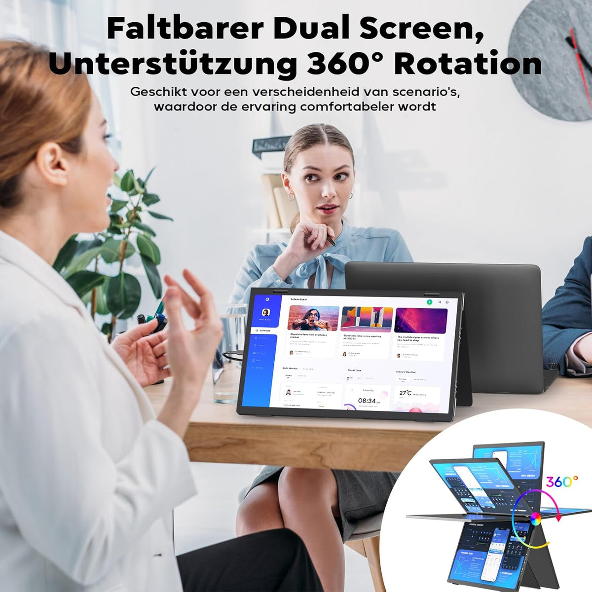HONGO Portable Monitor for Laptop, 15.6 Inch 1080P FHD Dual Screen IPS, Portable Screen 360°Rotación and USB-C Port, Portable Monitor for Laptop/PC/Mac/PS4/5/X-BO/Teléfono (No Driver) - QUORE