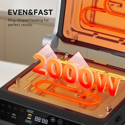 AMZCHEF 6-in-1 Health Grill & Griddle met 180° verstelbare platen, GrillBoost (280 °C), indoor grill, 4 antiaanbakplaten voor steaks en meer, 2000 W, vaatwasmachinebestendig