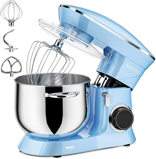 Vezzio Food Processor Kneading Machine, 1500 W, Reduced Sound, Kneading Machine with Mixing Brush, 10 Speeds, 8.5 L, Stainless Steel Bowl, Baking with Kneading Hooks, Whisk, Flat Mixer (Blauw)