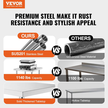VEVOR Stainless Steel Food Preparation Table, 45 x 90 x 90 cm, Commercial Kitchen Work Table, with 2 Adjustable Bottom Shelf, Heavy Duty Metal Work Table for Barbecue, Kitchen, Home and Garage