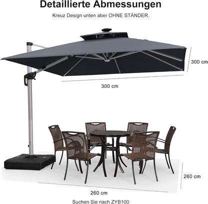 PURPLE LEAF Parasol met ledverlichting, zonnescherm, 300 x 300 cm, marktscherm, groot, 360 graden rotatie, tuinscherm met zwengel, balkonscherm, XXL, zonwering UV50+, grijs