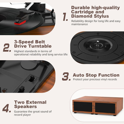 Platenspeler - Geïntegreerde Luidsprekers - Vintage Fonograaf - met Bluetooth 5.3 Ondersteunt - 2 Dubbele Stereoluidsprekers - 3 Snelheden - AUX - RCA - USB - Draadloos Afspelen - Hout - Bruin
