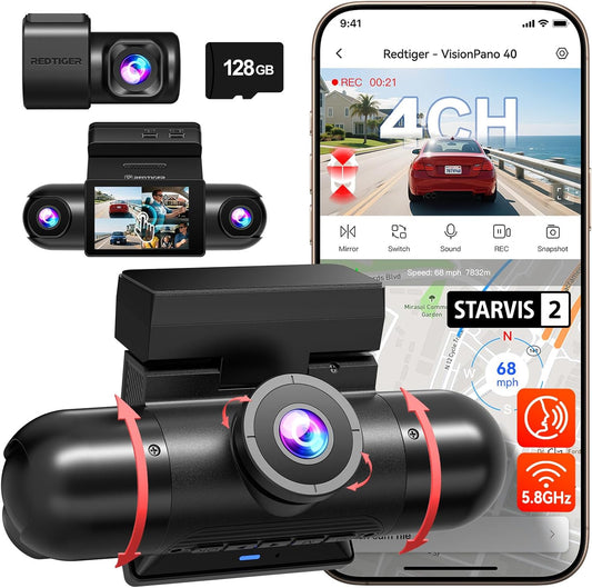 4-Kanaals 360° Dashcam – Autocamera – Rijcamera – Voertuigcamera – Panorama Dashcam – 2,5K Voor En Achter + 1080p Zijkanten – 5,8 GHz Wifi, Infrarood Nachtzicht & 128 GB Kaart