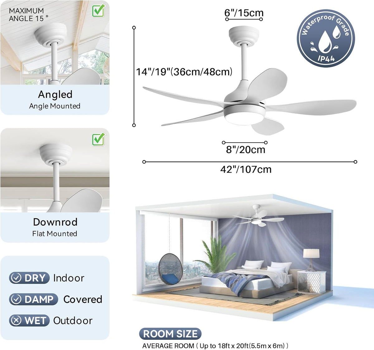 Sofucor Plafondventilator met verlichting en afstandsbediening, 5 vleugels, DC, timer, 3 kleurtemperaturen, 6 snelheden, zomer winterwerking, stille witte plafondventilator met licht