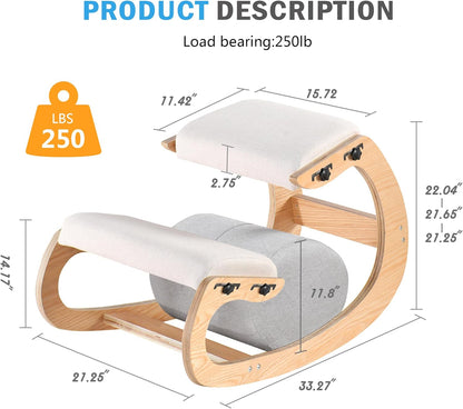 Ergonomische kniestoel, verstelbare schommelstoel van hout, verbeter je houding met een schuine zitting voor thuis, kantoor (wit eiken)