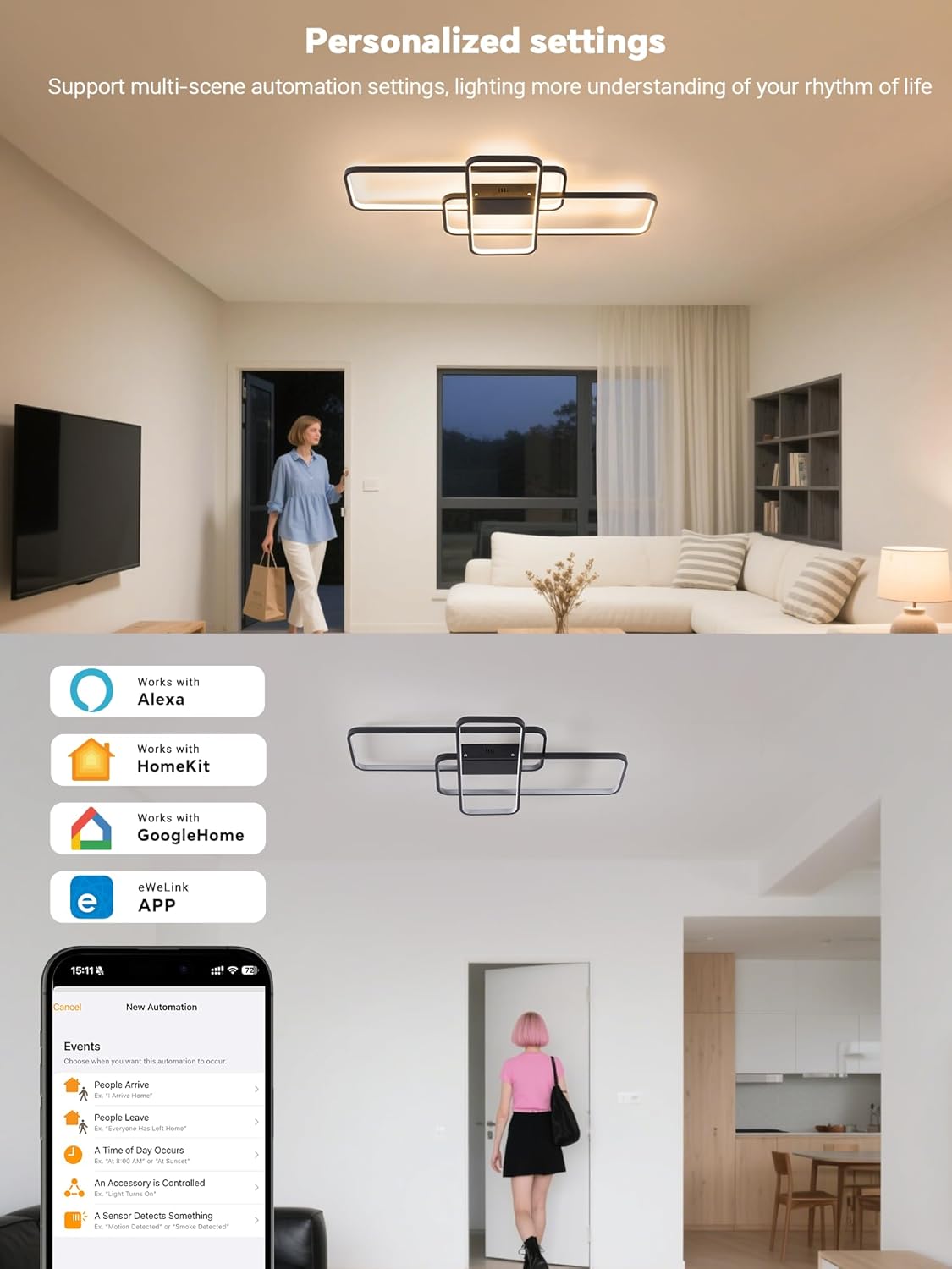 Dimbare led-plafondlamp met materiaal, 80 W, 9600 lm, compatibel met HomeKit, Alexa, Google en IFTTT, geometrische plafondlamp voor woonkamer, slaapkamer, zwart (105 H x 60 W).