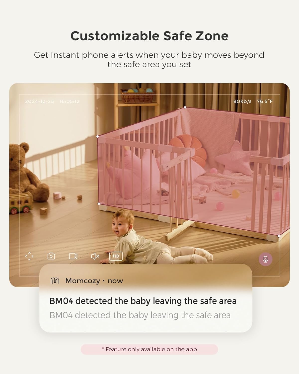 Momcozy BM04 Babyfoon met camera-app, 5 inch wifi-video-babyfoon met camera en audio, 4 x zoom, bewegings- en wijnidentificatie, veilig hek, helder nachtzicht, 2-weg gesprek, foto- en video-opname