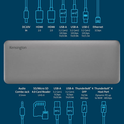 Kensington SD5760T Thunderbolt 4 dockingstation, Dual Monitor 8K/4K, Micro SD-kaartlezer, 96W Power Delivery, 2 x HDMI, Ethernet, USB-C 3.2 & 4 x USB-A-poorten (K34110EU)