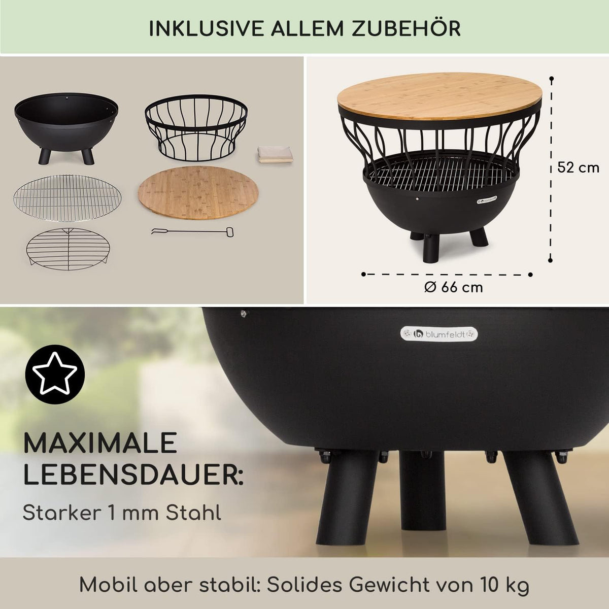 blumfeldt Vuurplaats voor tuin, draagbare vuurplaats met barbecue, outdoor reizen, circulaire vuurschaal, grillrooster met bamboe deksel en stalen kom, barbecuetafelset voor camping en terras,