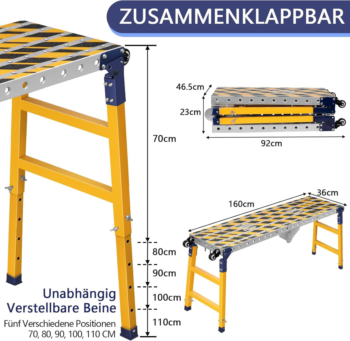 2-in-1 stabiel werkplatform + mobiele lastafel met antislip plakstrips, 160 x 36 cm inklapbaar werkplatform steiger werkbank verzinkt met in hoogte verstelbaar, 500 kg belastbaarheid