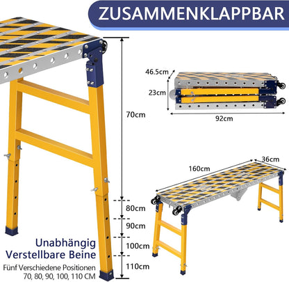 2-in-1 stabiel werkplatform + mobiele lastafel met antislip plakstrips, 160 x 36 cm inklapbaar werkplatform steiger werkbank verzinkt met in hoogte verstelbaar, 500 kg belastbaarheid
