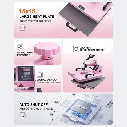 VEVOR Warmteoverdrachtsmachine, 380 x 380 mm, 8-in-1 hittepersmachine, trommelpers, 0,17 kg-0,85 kg, 360 graden oscillerende T-shirt-pers voor T-shirts/platen, roze