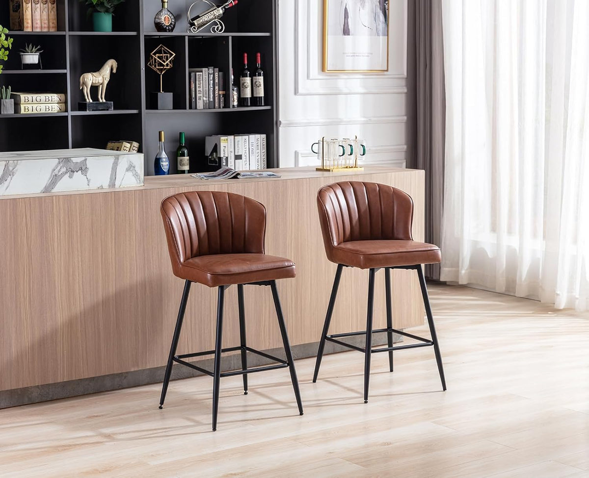 chairus PU Leather Bar Stool for Kitchen, Set of 2, Bar Stool Bar Chairs for Dining Room, Kitchen Stool with Metal Legs (Brown) - QUORE