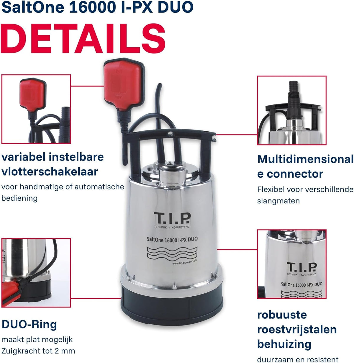 T.I.P. SaltOne 1600 I-PX DUO Dompelpomp voor zout water, debiet tot 16.000 l/u, max. opvoerhoogte/max. druk 10 m/1,0 bar, vloeistoffen tot 50°C, voor sop, ca. 4 min. tot 90 °C mogelijk