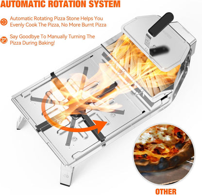 Mimiuo Pizzaoven met Roterende Functie en 33cm Rond Pizzasteen, Pizza-Houtkachel voor Houtskool en Brandhout, Outdoor Pizzaoven Voor Tuin, Camping, Draagbare Houtoven