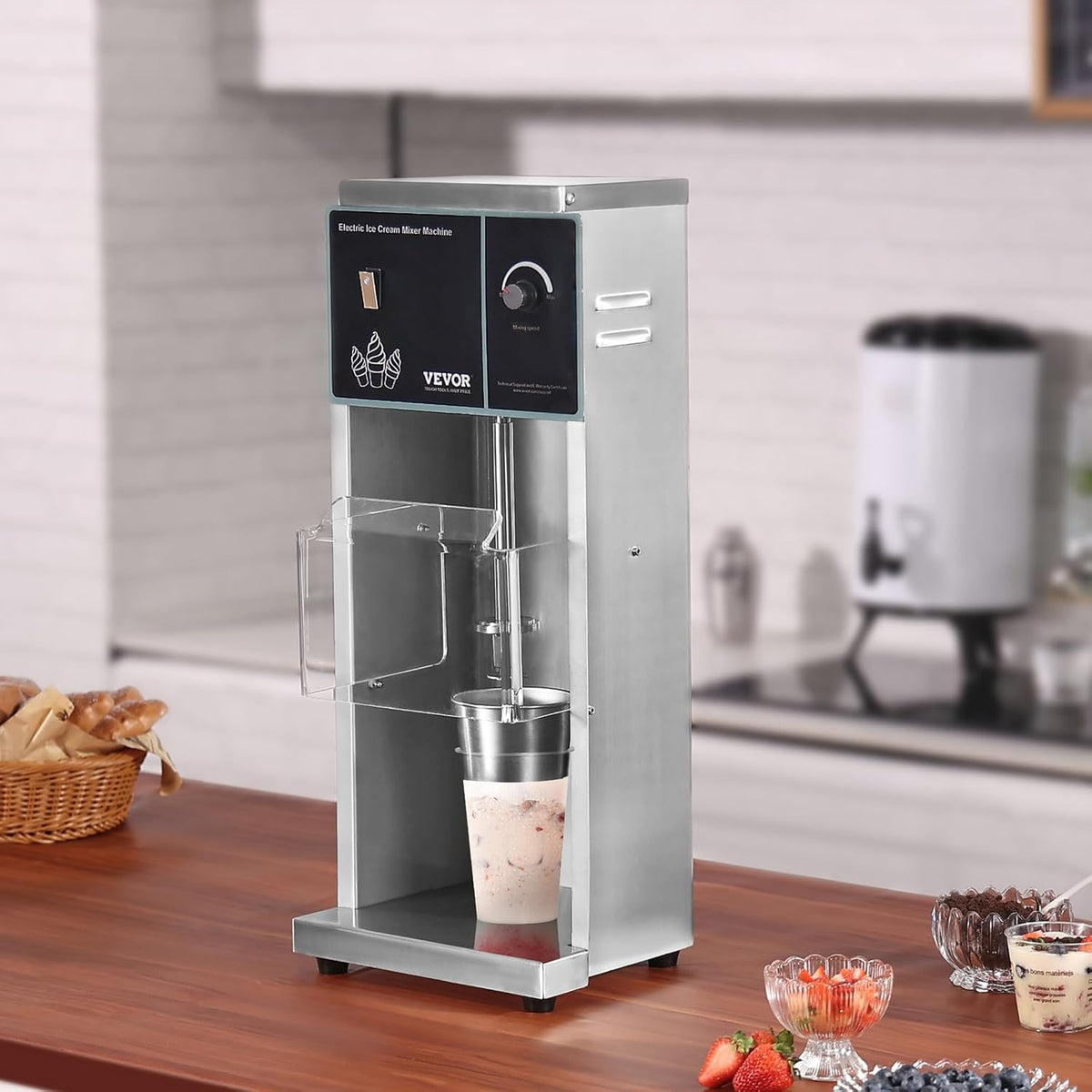 VEVOR IJsmixer met hoge snelheid, 400 W, 4200 omw/min, traploze snelheidsinstelling, van roestvrij staal 304, 3 handbekers, bereidt verschillende ijsaroma's voor, 257 x 220 x 620 mm, zilver