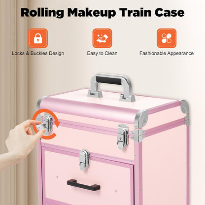 OUKANING Cosmetic Case Trolley 40 Compartments + 2 Drawers 50 kg Load Capacity 4 Universal Wheels & Locks for Make-Up Hairdressing Supplies Low Noise, pink, modern - QUORE