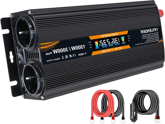 Omvormer – Spanningsomvormer – Stroomomvormer – Inverter – Converter – 1500W Continu Vermogen – LCD Display Met 2 Stopcontacten En 1 USB-Poort - QUORE