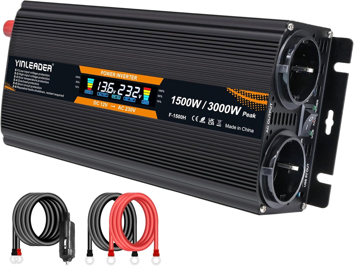 Spanningsomvormer – Omvormer – Stroomomvormer – 12 V Naar 230 V Omvormer – 230 V Omvormer – 1500 W / 3000 W – LCD-Display Met 2 Stopcontacten En 1 USB