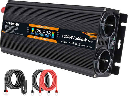 Spanningsomvormer – Omvormer – Stroomomvormer – 12 V Naar 230 V Omvormer – 230 V Omvormer – 1500 W / 3000 W – LCD-Display Met 2 Stopcontacten En 1 USB