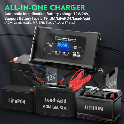 SolaMr 35A Autoacculader, 12V en 24V Intelligente Volautomatische Accutester met Pulsherconditionering voor Vrachtwagens, Motoren, Lithium- en Loodzuuraccu's voor de Scheepvaart - P35