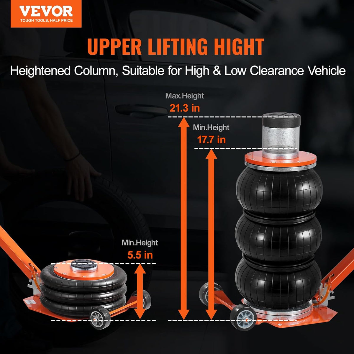 VEVOR Air Jack, 3 Ton/6600LB, 1-6S Pneumatic Lift Jack with Raised Column and Adjustable Handle, Compact, Easy to Lift and Space Saving Jack with Thick Rubber Pad, Fits for Sedan