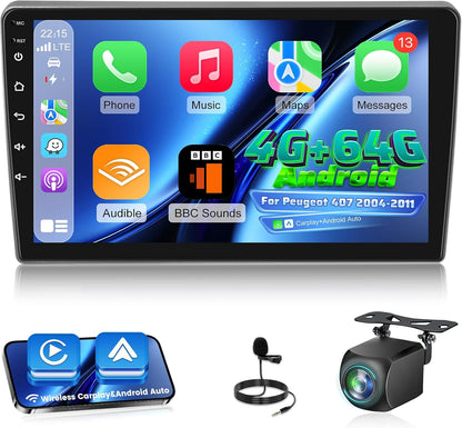 [4G+64G] Android Car Radio for Peugeot 407 2004-2011 with Wireless Carplay & Android Auto, 9 inch IPS Touch Screen Car Stereo with GPS, WiFi, 32EQ, Bluetooth 5.0, FM/RDS Radio