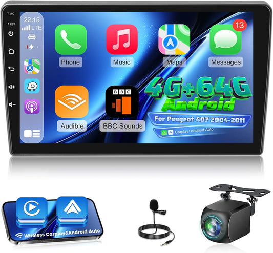 [4G+64G] Android Car Radio for Peugeot 407 2004-2011 with Wireless Carplay & Android Auto, 9 inch IPS Touch Screen Car Stereo with GPS, WiFi, 32EQ, Bluetooth 5.0, FM/RDS Radio
